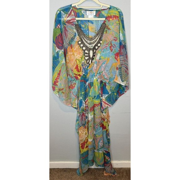 Women’s Swimsuit Coverup Size Large/XL Butterfly Colorful Print Long Beaded - Picture 1 of 8